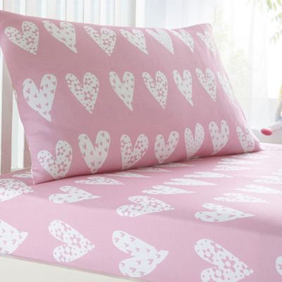 Kids' pink heart print fitted sheet and pillow case set